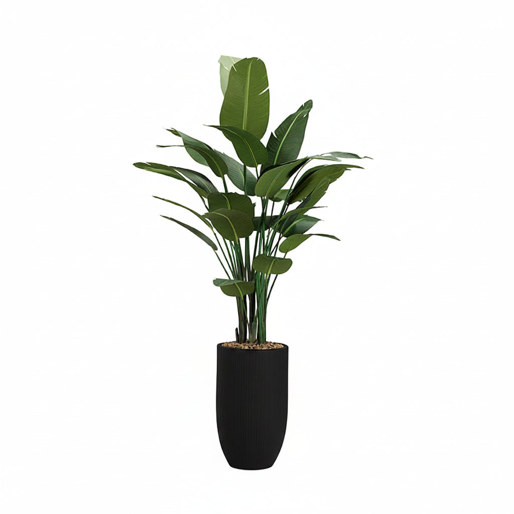 Large indoor faux traveler palm tree with black planter