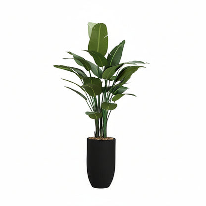 Large indoor faux traveler palm tree with black planter