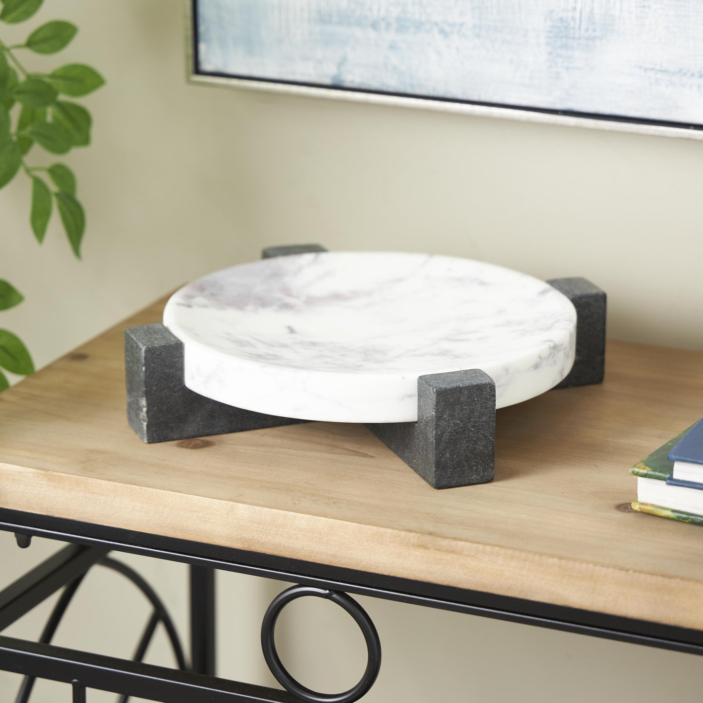 WHITE/BLK MARBLE ROUND TRAY