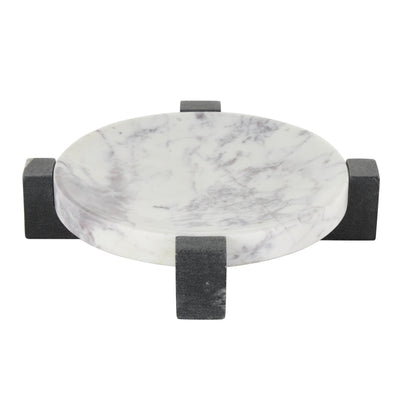 WHITE/BLK MARBLE ROUND TRAY