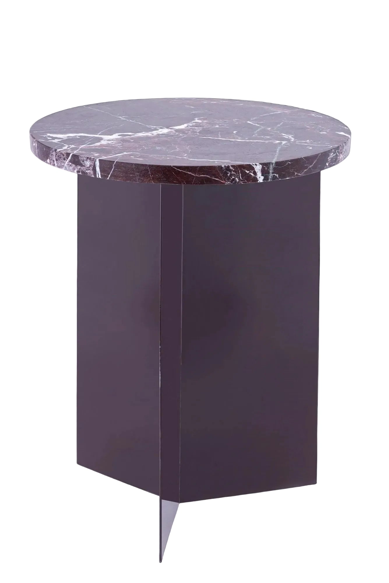 Modern side table with Red Marble top and Deep reddish purple metal base.